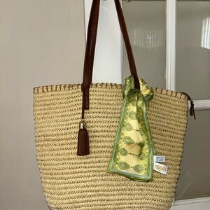 Talbots Tan Woven Large Tote With Faux Leather Trim Silk Scarf Accents EUC!